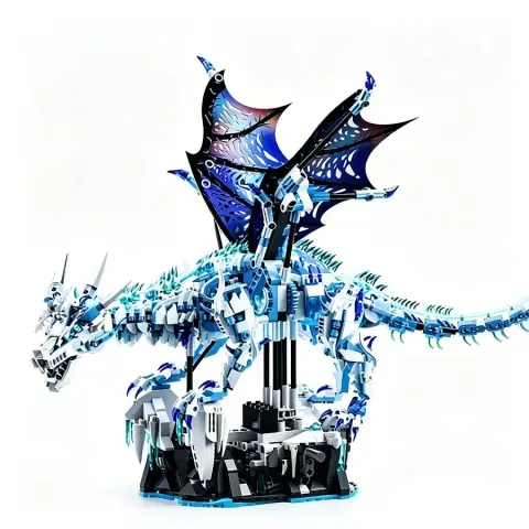 Lego-style Ice Dragon Model: Challenging Building Block Set – Educational Toy, Gift, and Light-Up Display Piece