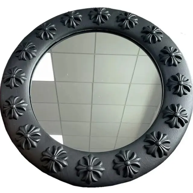 Gothic Art Solid Wood Relief Flower Cross Trendy Retro Round Living Room Entrance Decorative Mirror Cosmetic Mirro