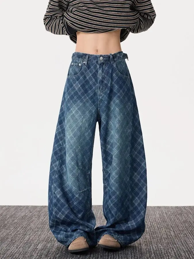 Vintage Plaid Wide Leg Jeans