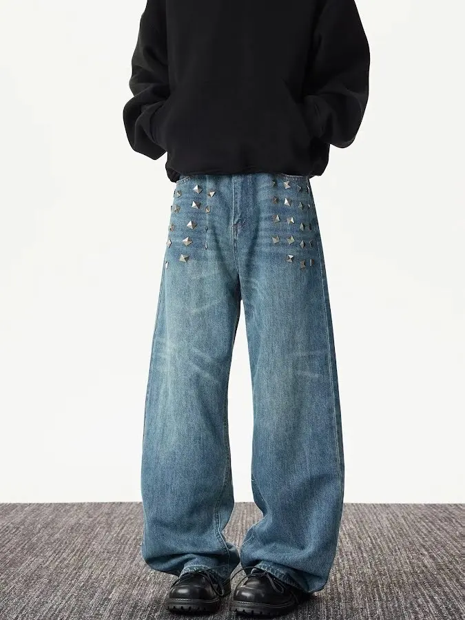 Studded Washed Straight Jeans