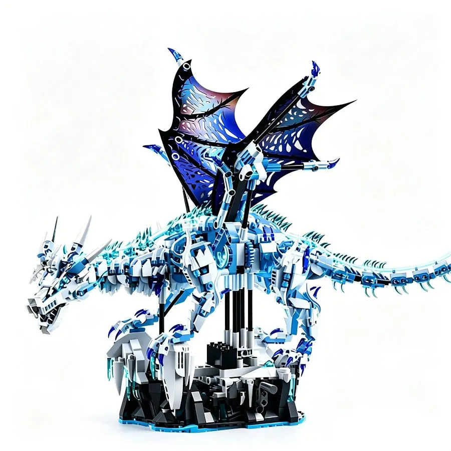 Lego-style Ice Dragon Model: Challenging Building Block Set – Educational Toy, Gift, and Light-Up Display Piece