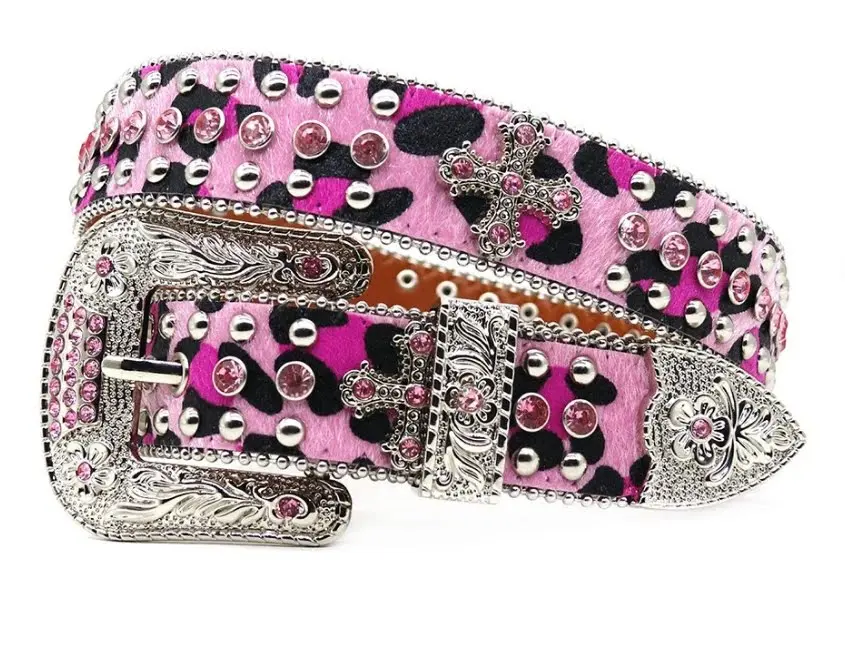 Full Rhinestone Y2K Leopard Print PU Leather Belt