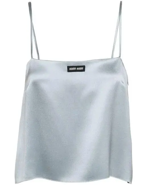 Blue Logo-Patch Cropped Satin Top